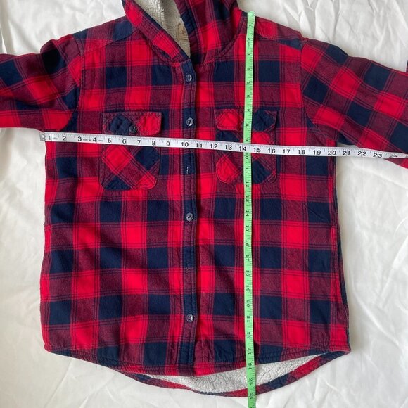 Boston Traders Flannel Shirt Jacket Womens S Red Navy Plaid Sherpa Lined Hooded - Picture 4 of 6